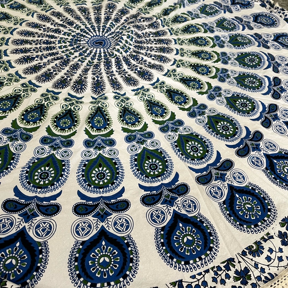 Quagga Green Label Bohemian Mandala Round 64” Beach Sheet Tablecloth Blue Green